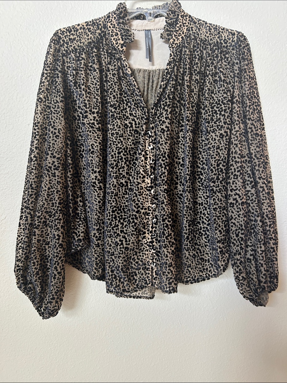Anthropologie Leopard Print Ruffle-Neck Blouse - Black, Tan